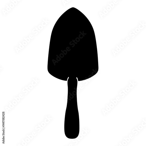 Black and white illustration of a garden trowel in a minimalist style