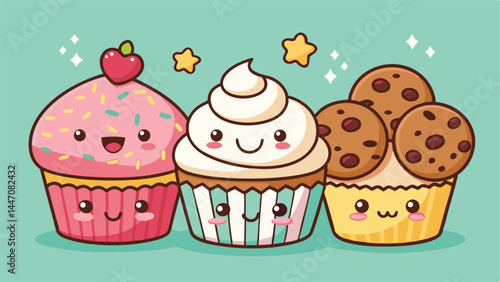 Design a kawaii-style banner ad for a bakery featuring adorable cupcakes with pastel frosting and sprinkles.  Include whimsical elements.