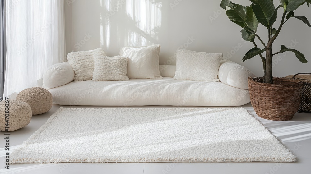 Naklejka premium Minimalist living room with white sofa and potted plant