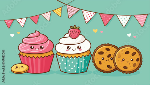 Design a kawaii-style banner ad for a bakery featuring adorable cupcakes with pastel colors and whimsical details.  Include a playful font and call to action.