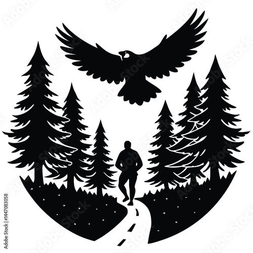 Hiking Vector Silhouette illustration Eagle flying overhead as hiker walks forest path