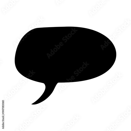 Simple black and white graphic of a conversation bubble with pointed tail