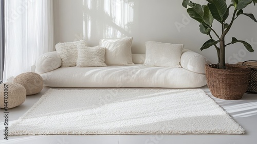 Minimalist living room with white sofa and potted plant