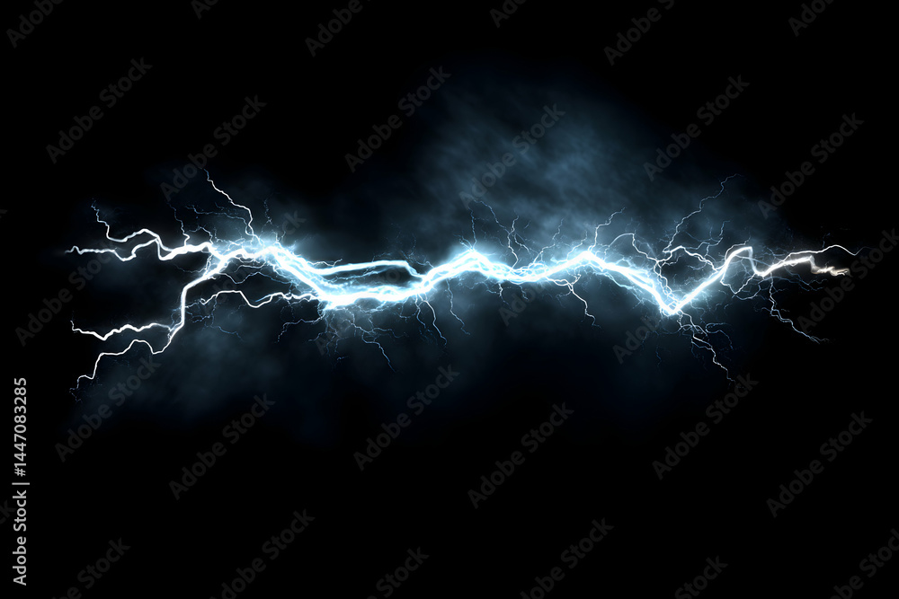Jagged blue electricity crackles across a dark void with faint vapor. Stark, energetic, dramatic Jagged blue electricity crackles across a dark void with faint vapor. Stark, energetic, dramatic