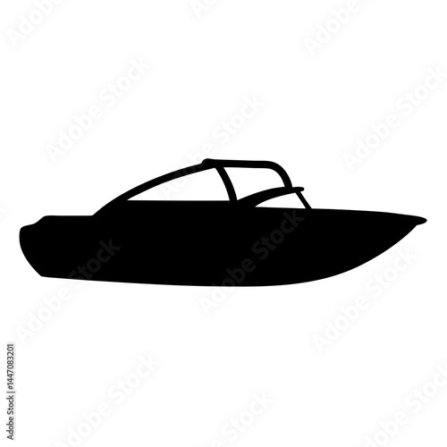Silhouette of a modern motorboat with a canopy on a white background