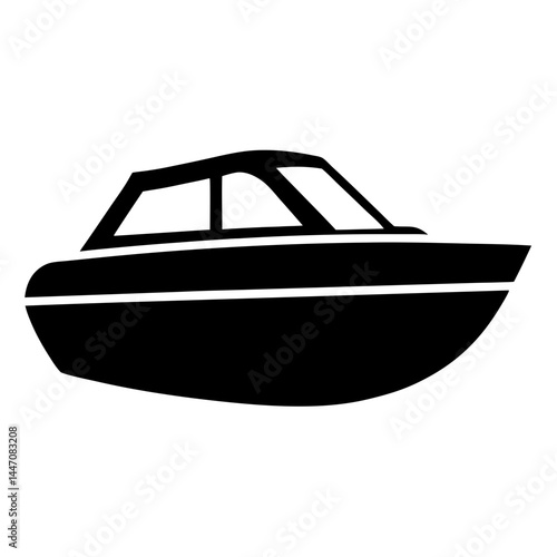 Silhouette of a sleek motorboat with cabin, floating on calm waters