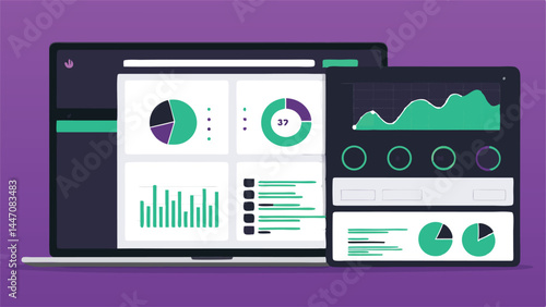 Design a modern, vector-based data flow monitoring dashboard featuring a prominent pie chart illustrating data distribution.  Include clear visual cues and intuitive design.