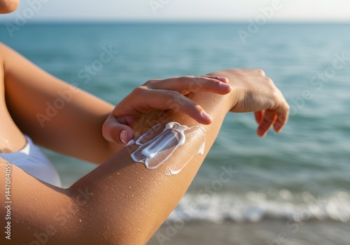 Woman applying sunscreen lotion on arm enjoying summer vacation at the beach