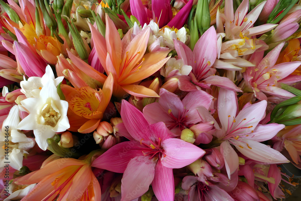 Obraz premium Colorful, clustered flowers. Pink, orange, and white blossoms form a vibrant, tightly packed arrangement. Natural beauty