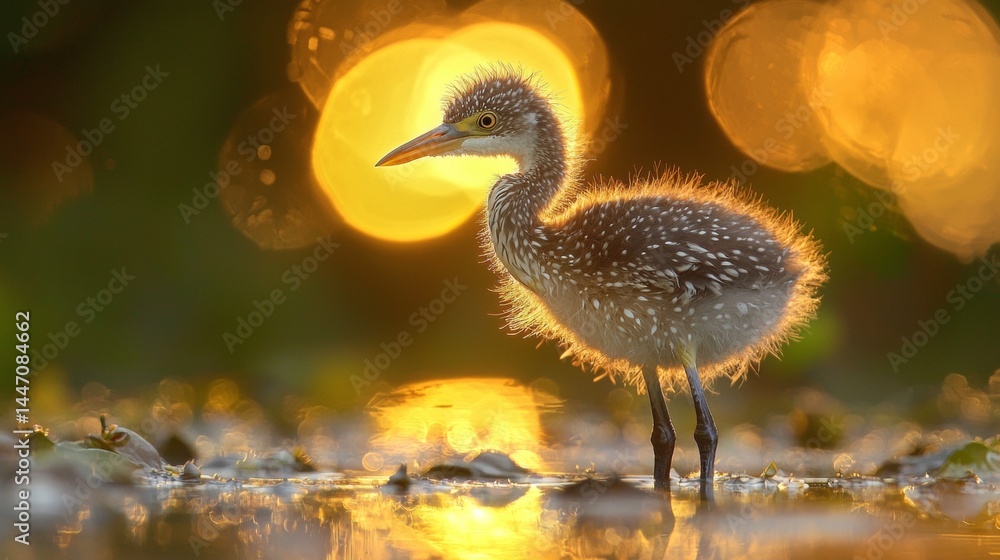 Fototapeta premium Young heron stands gracefully by the water during sunset with vibrant golden bokeh in the background