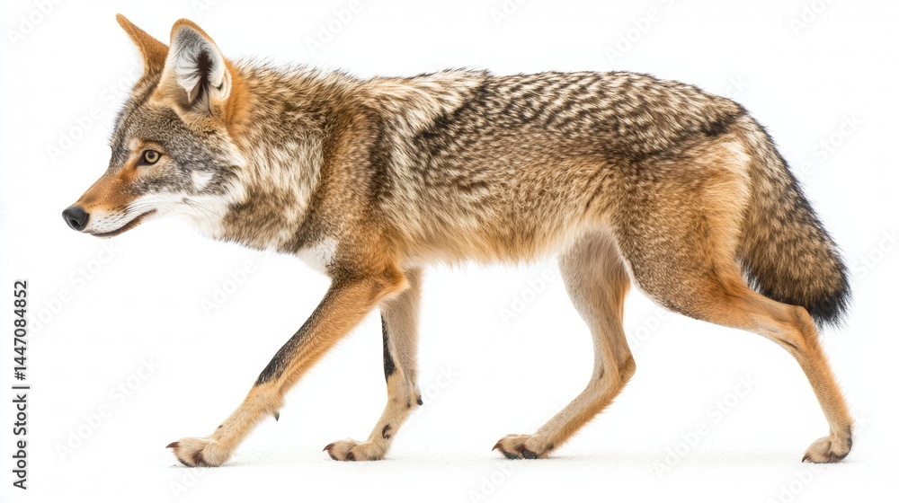 Fototapeta premium Coyote walking across a white background showcasing its sharp features and detailed fur patterns in a natural pose