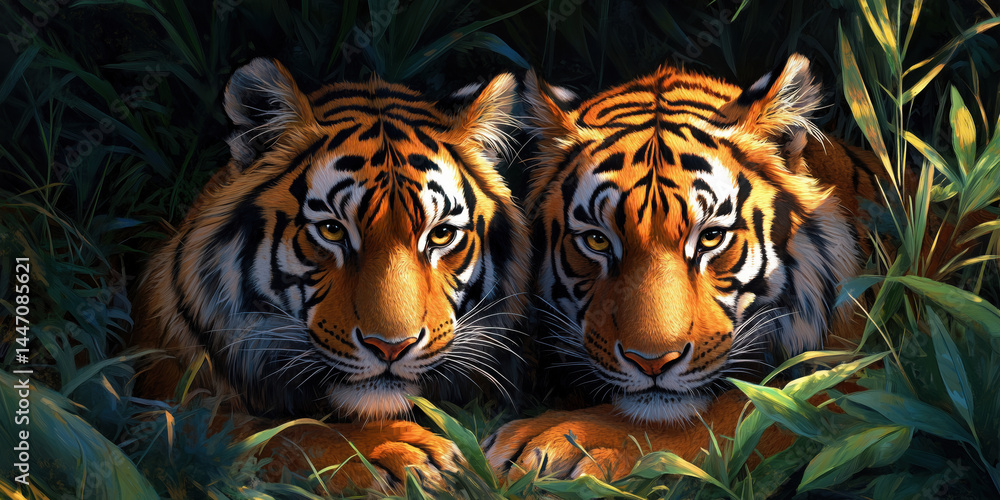Two majestic tigers resting in lush green foliage, showcasing their striking features. Two majestic tigers resting in lush green foliage, showcasing their striking features.