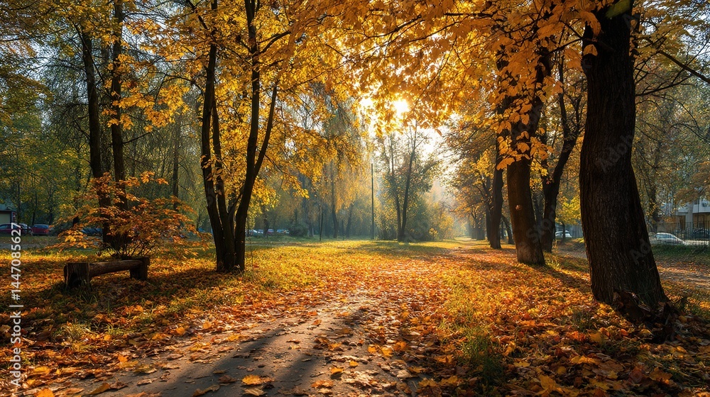 Fototapeta premium Serene Autumn Park Scene with Golden Yellow Leaves on Ground
