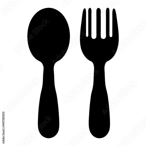 Simple black and white illustration of a spoon and fork isolated