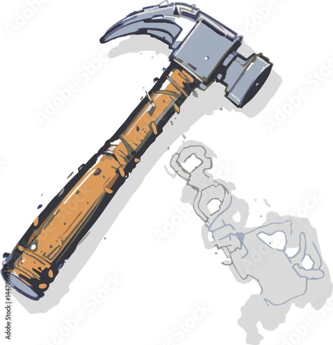 Worn Hammer and Smoke Trail: Hand-Drawn Tool Illustration