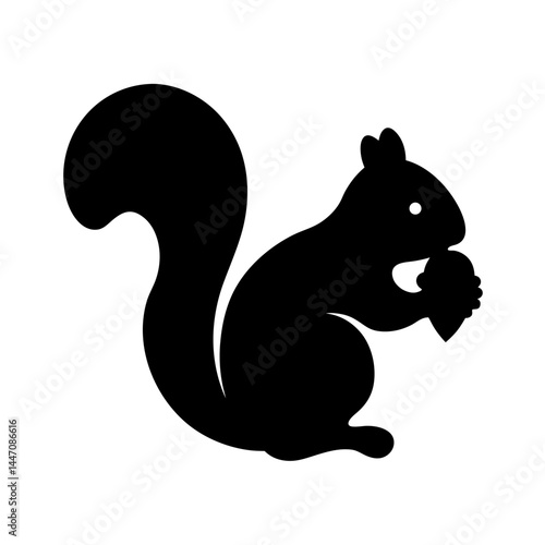 Stylized black silhouette of a squirrel eating a nut on white background