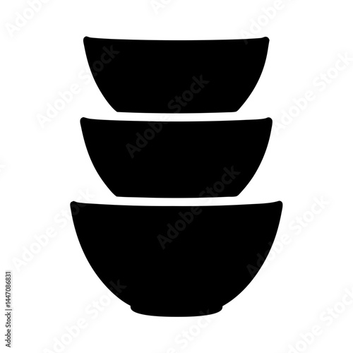A stark black and white illustration of three stacked bowls