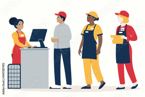 Create a vibrant vector pattern showcasing diverse retail workers, specifically a cashier, in various poses and ethnicities.  Include detailed clothing and cheerful expressions.