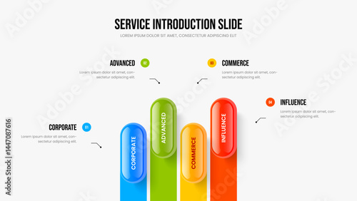 Service Growth 4 Step Infographic Slideshow Layout. Advertising Forecast Frame Design Vector Illustration. Investor Strategy Four Element Diagram Slide Template.