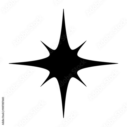 Eight pointed star burst silhouette in black isolated on white background
