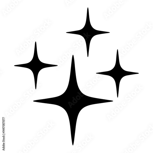 A collection of stylized four point stars in solid black color