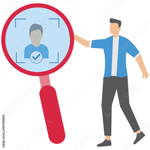 KYC or know your customer , Businessman with a shield looking at the partners-to-be through a magnifying glass