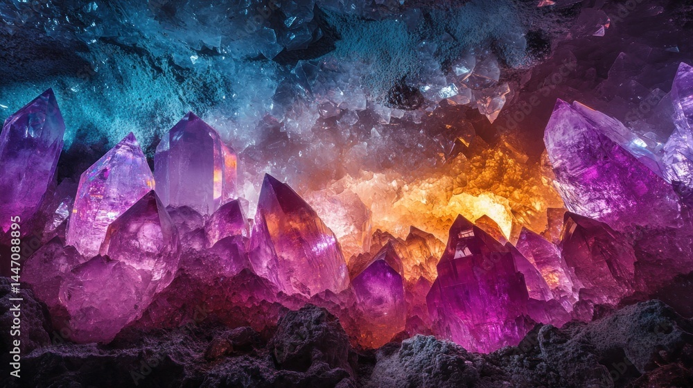 Fototapeta premium Amethyst Geode Cave: A Symphony of Purple, Pink, and Orange Crystals