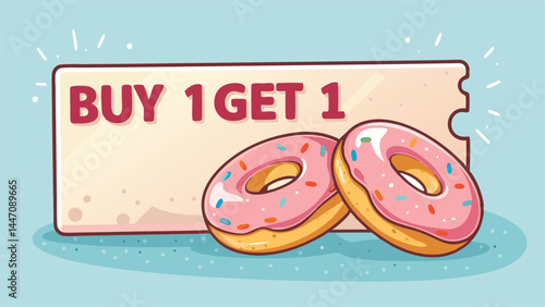 Design a vibrant vector banner advertising a donut promotion featuring a friendly giant.  Flat style, playful design.