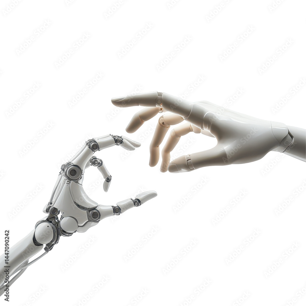 Robotic hand reaches out to connect with human hand in a moment of interaction, white robotic hand reaching out to touch a human hand on isolated isolated on Transparent background Robotic hand reaches out to connect with human hand in a moment of interaction, white robotic hand reaching out to touch a human hand on isolated isolated on Transparent background