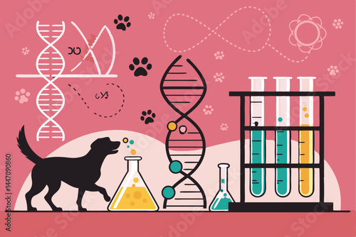A futuristic, sterile lab showcasing experimental gene editing technology applied to companion animals; glowing vials, advanced equipment, and a scientist working meticulously.