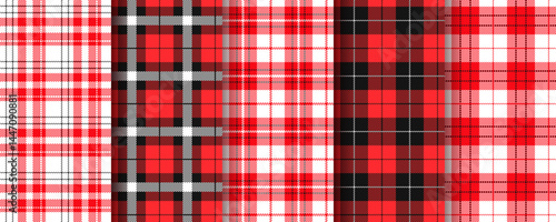 Plaid seamless pattern. Gingham red black background. Set checkered tartan prints. Scottish flannel textile textures. Buffalo table cloth. Kitchen tablecloth. Picnic fabric cloth. Vector illustration