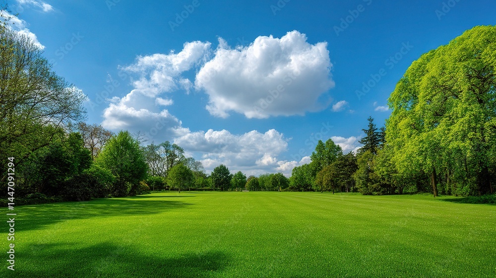 Serene Green Lawn Surrounded by Tall Trees Under Bright Blue Sky Serene Green Lawn Surrounded by Tall Trees Under Bright Blue Sky
