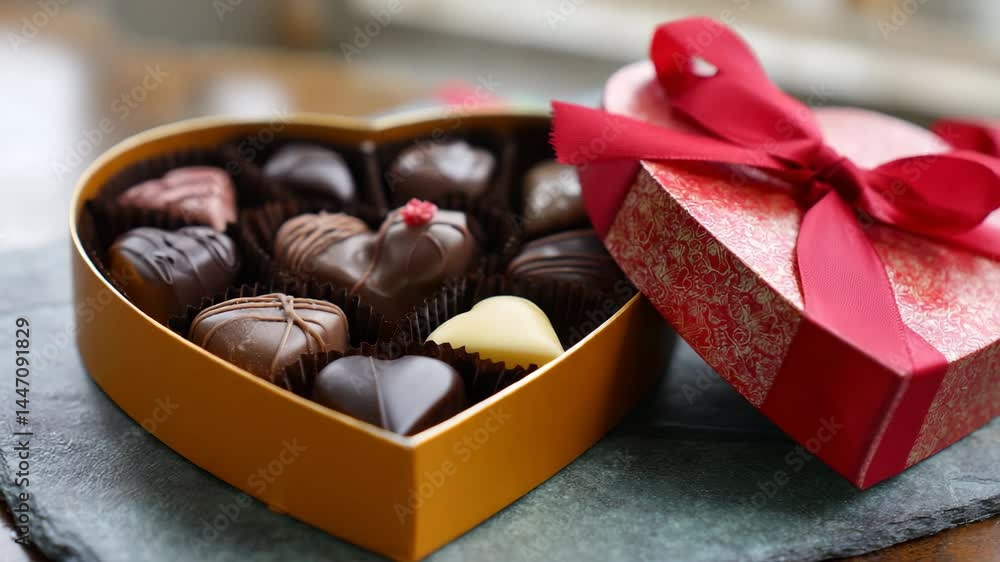 A beautifully arranged heart-shaped box filled with exquisite chocolates sits elegantly on a surface, representing love and indulgence, perfect for special occasions. A beautifully arranged heart-shaped box filled with exquisite chocolates sits elegantly on a surface, representing love and indulgence, perfect for special occasions.