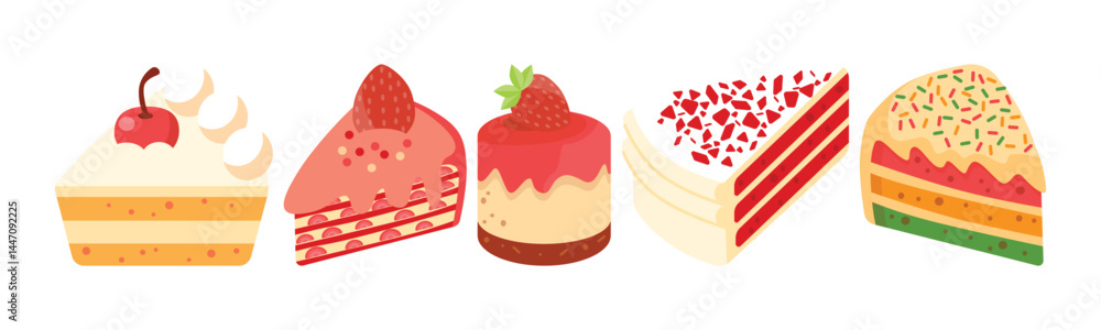 A delightful assortment of cake slices, each showcasing unique flavors, vibrant colors, and decorative toppings. These sweet treats are a perfect representation of delicious indulgence. A delightful assortment of cake slices, each showcasing unique flavors, vibrant colors, and decorative toppings. These sweet treats are a perfect representation of delicious indulgence.