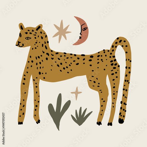Boho groovy leopard or cheetah wild cat illustration in abstract cartoon childish scandinavian style african oriental style, cute animal hand drawn flat vector clip-art adorable funny exotic animals