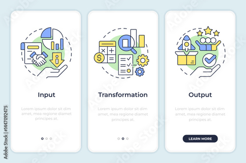 Workflow components onboarding mobile app screen. Customer experience. Walkthrough 3 steps editable graphic instructions with linear concepts. UI, UX, GUI. Montserrat SemiBold, Regular fonts used