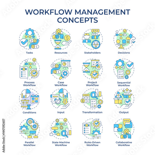 Workflow management multi color concept icons. Teamwork organization, customer experience. Icon pack. Vector images. Round shape illustrations for advertising, marketing. Abstract idea