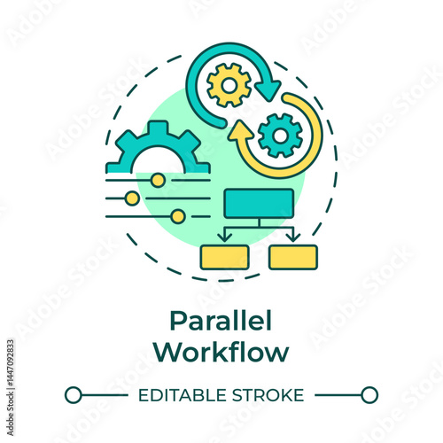 Parallel workflow multi color concept icon. Process management. Efficiency, productivity. Round shape line illustration. Abstract idea. Graphic design. Easy to use in advertising, marketing