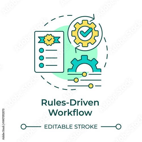 Rules driven workflow multi color concept icon. Checklist compliance, regulation. Product quality. Round shape line illustration. Abstract idea. Graphic design. Easy to use in advertising, marketing