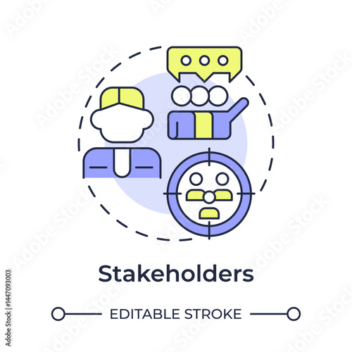 Stakeholders multi color concept icon. Target audience, quality. Customer experience. Round shape line illustration. Abstract idea. Graphic design. Easy to use in advertising, marketing