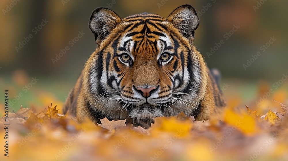 Obraz premium Captivating gaze of a tiger immersed in a blanket of vibrant autumn foliage in a serene outdoor setting wildlife majesty portraiture