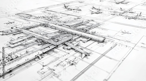 Detailed architectural sketch of a modern airport layout featuring runways and terminals from an aerial perspective