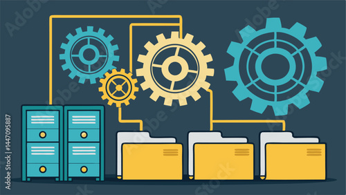 Design a flat, minimalist illustration of a synchronized data system, emphasizing seamless data flow and large-scale data storage.  Include server icons and data transfer arrows.