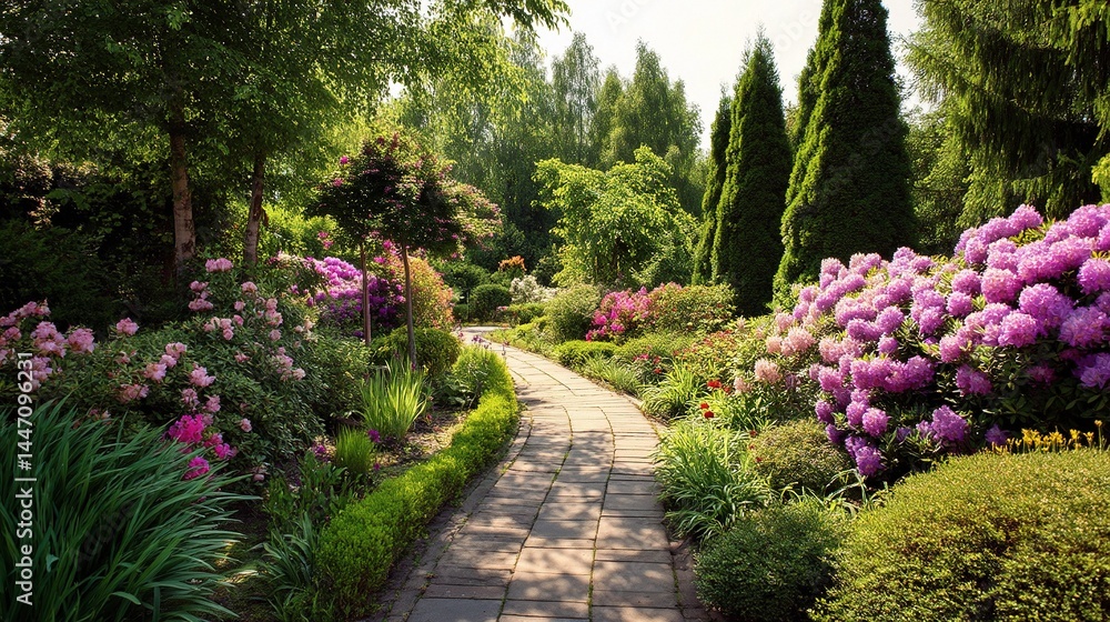 Obraz premium Peaceful Summer Garden Pathway Surrounded by Colorful Flowers