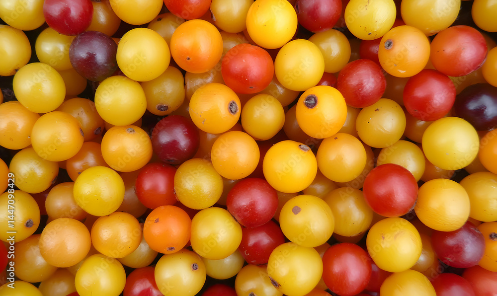 Colorful berries create a vibrant, textured pattern in shades of yellow, orange, red, and maroon Colorful berries create a vibrant, textured pattern in shades of yellow, orange, red, and maroon