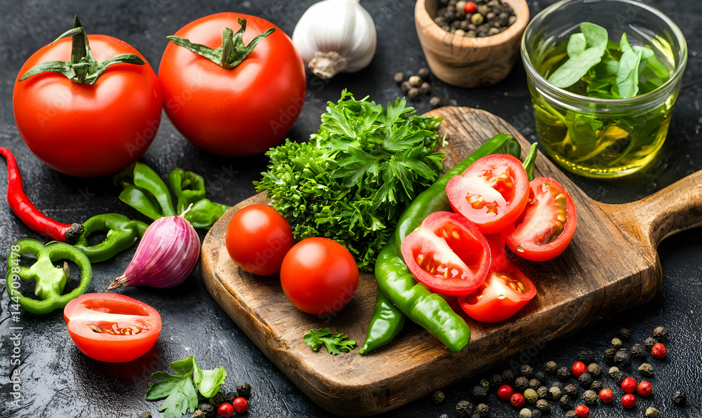 Fresh produce on a wooden board features tomatoes, herbs, peppers, garlic, and olive oil, ready for cooking on a dark surface Fresh produce on a wooden board features tomatoes, herbs, peppers, garlic, and olive oil, ready for cooking on a dark surface