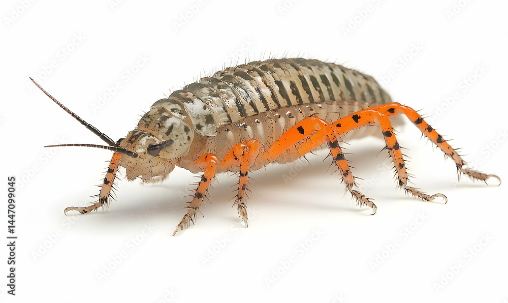Close-up of a woodlouse featuring patterned shell and orange legs on a stark white background Close-up of a woodlouse featuring patterned shell and orange legs on a stark white background