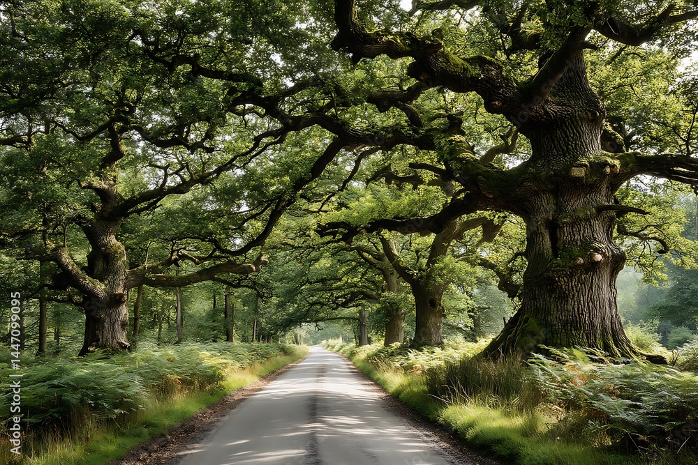 Obraz premium Majestic Oak Avenue Sundrenched Country Road.
