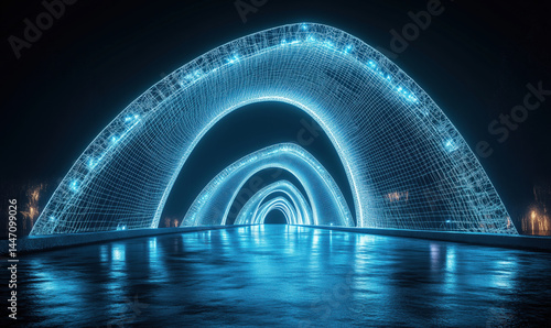Illuminated futuristic bridge with glowing arches over reflective water surface.