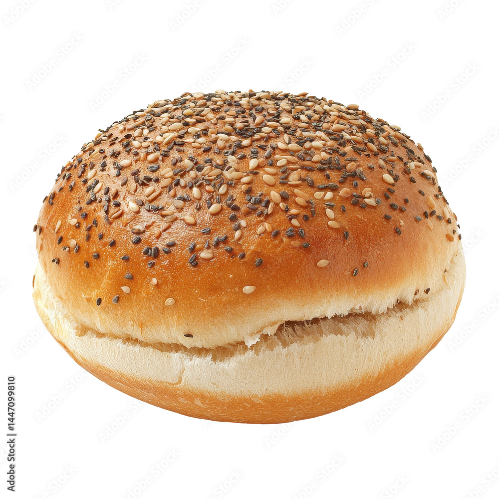 Bun for hamburger with sesame and poppy seeds on a white background, Bun for hamburger, seeds, isolated on white background Bun for hamburger with sesame and poppy seeds on a white background, Bun for hamburger, seeds, isolated on white background